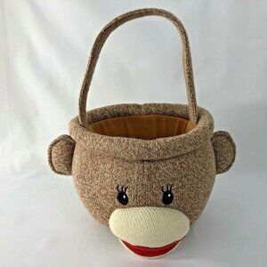 Sock Monkey Basket Plush Stuffed Animal Halloween Brown With Handle Candy Bucket